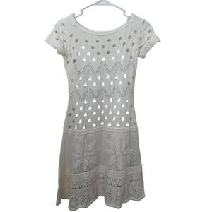 Women’s Off White Crochet Knit Dress Short Sleeve Boho Style Size XS